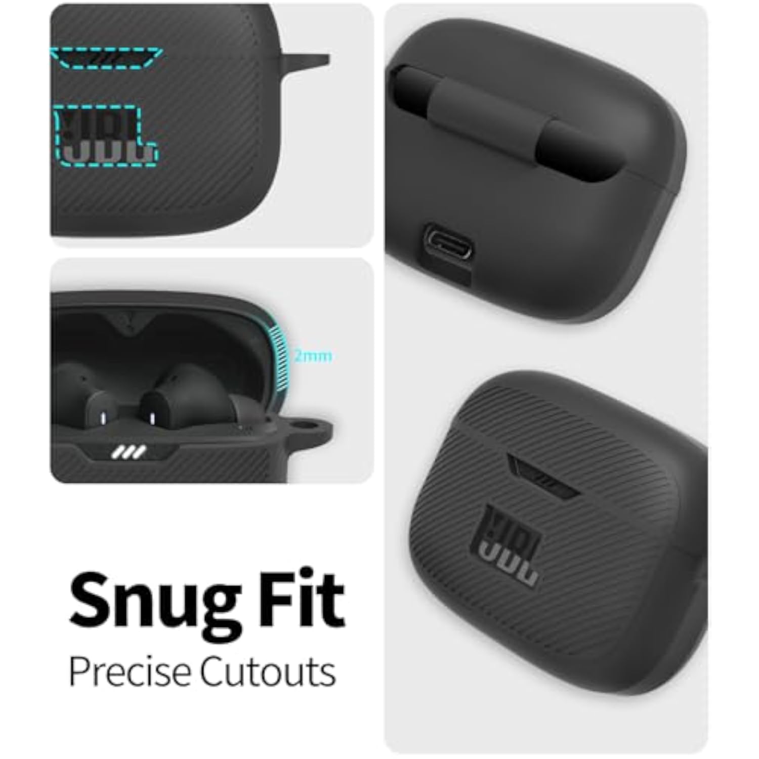 JBL Tune 230NC TWS Case Cover, Silicone Protective Portable Scratch Shock Resistant Logo Visible Design Cover Compatible with JBL 230NC Earbuds Charging Case with Carabiner - Black