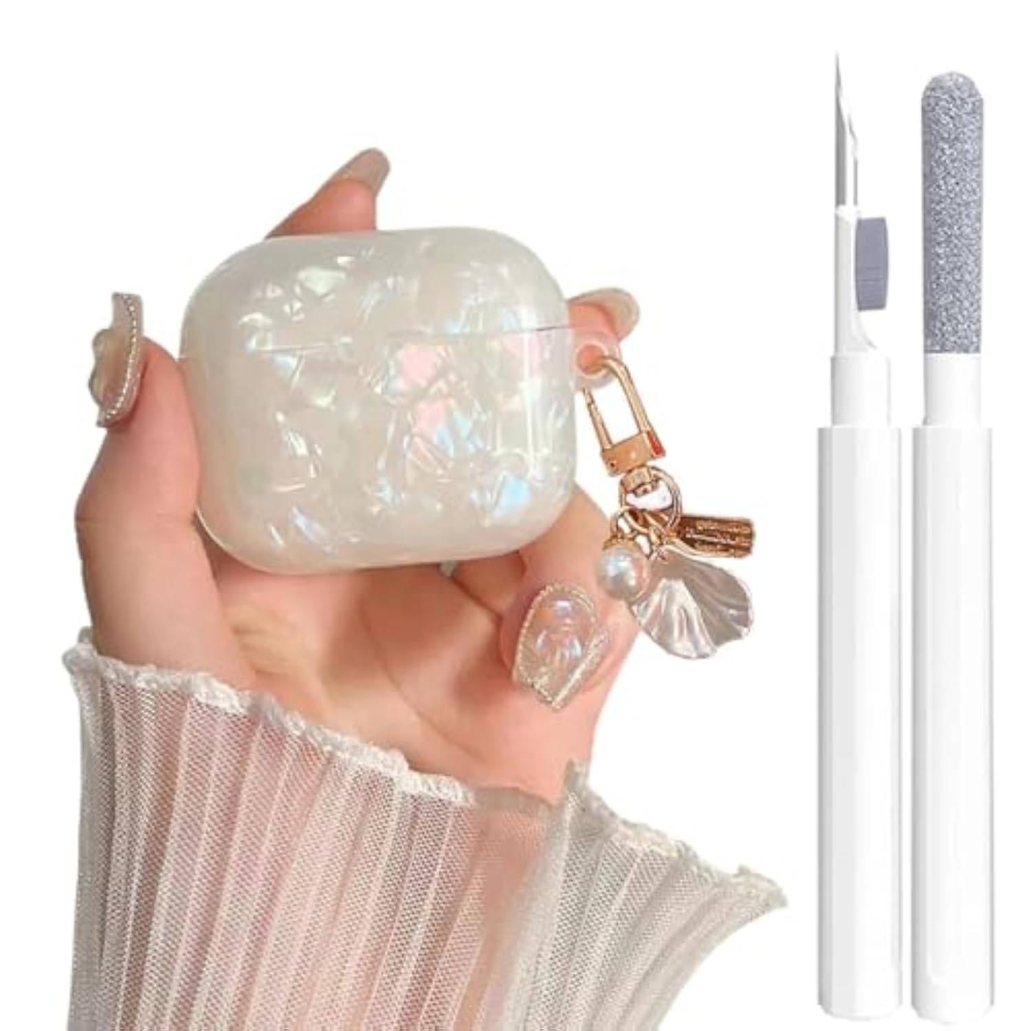 Cute Airpods 4 Gen Case for Women with Pearl Keychain and Cleaner Pen, Shell Pattern Protective Skin for Apple Airpods 4 Generation, Colorful Design