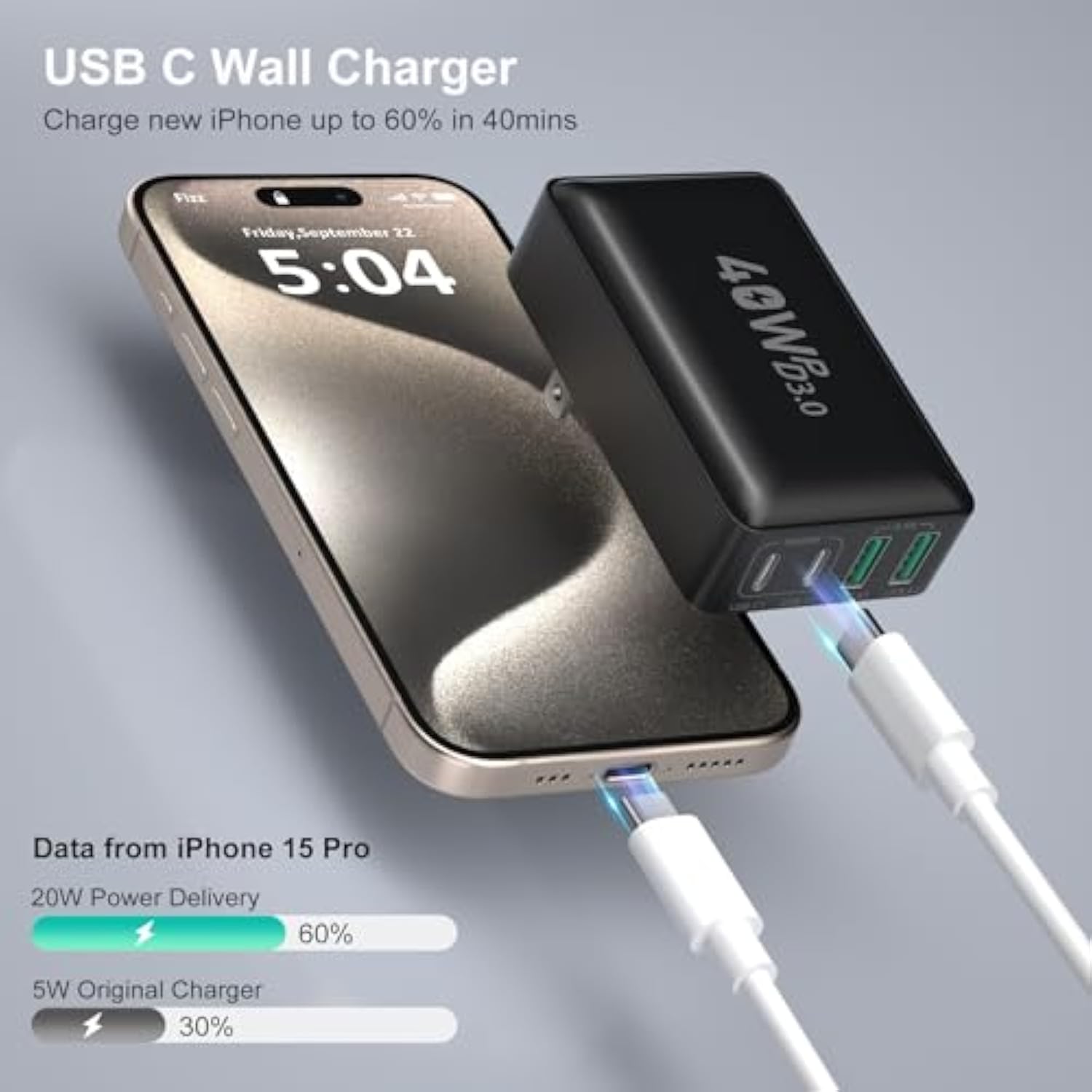 Usb C Wall Charger 40W, 4-Port Flat Usb C Charging Block Dual Pd+Qc Slim Fast Foldable Wall Plug Travel Compatible For Iphone 16 15 Pro Max 14 13 Ipad Watch Galaxy S24 Pixel,2Pack Black White