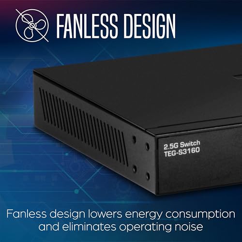 16-Port Unmanaged 2.5G Desktop Network Ethernet Switch, Teg-S3160, 16 X 2.5Gb Rj-45 Ports, 80Gbps Switching Capacity, Ethernet Splitter, Ndaa & Taa Compliant, Protection, Black