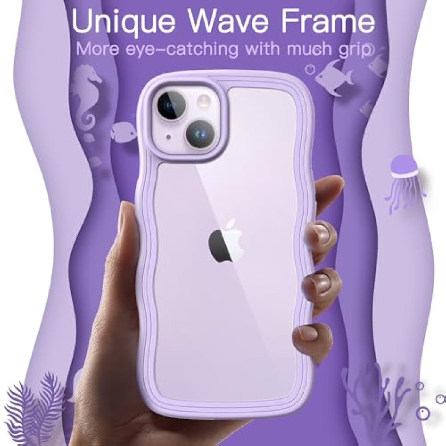 JETech Cute Case for iPhone 14 Plus 6.7-Inch, Wave Frame Curly Shape Shockproof Phone Cover for Women and Girls, Clear Hard PC Back (Purple)