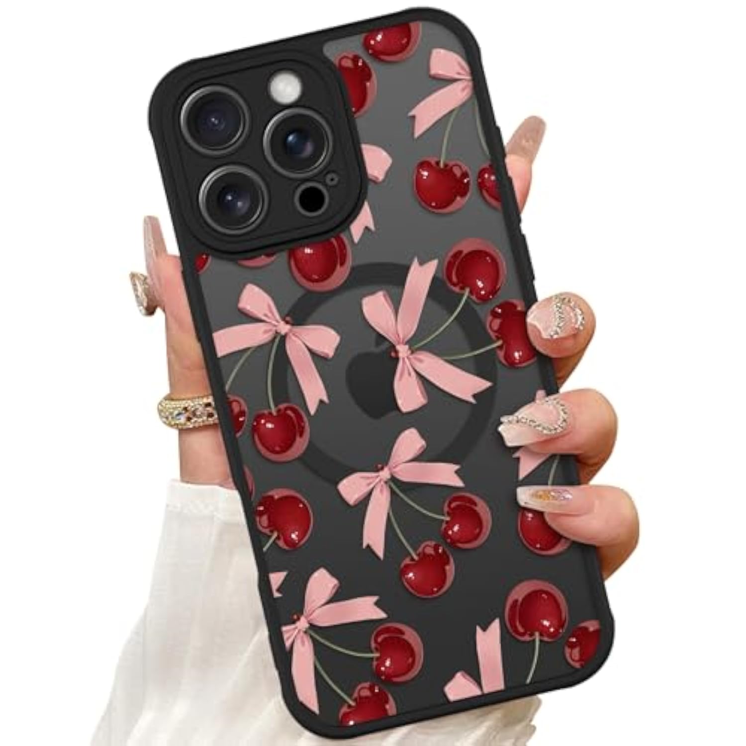 Magnetic Case For Iphone 16 Pro Max 6.9 Inch [Compatible With Magsafe] Hard Pc And Soft Tpu Case With Cherry Pink Bows Anti-Scratch Shockproof Protection Phone Cover For Women
