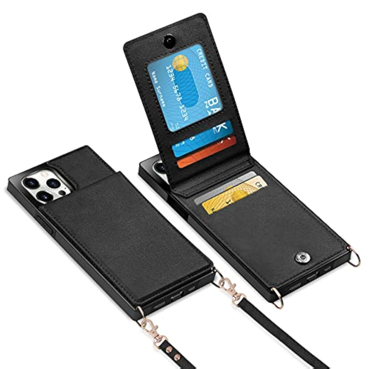 For Iphone 14 Pro Case Wallet Card Holder Leather Pu Flip Cover Folio Lanyard Crossbody Strap Women Girl Magnetic Clasp Kickstand Heavy Duty Protective Cover For Iphone 14 Pro Black