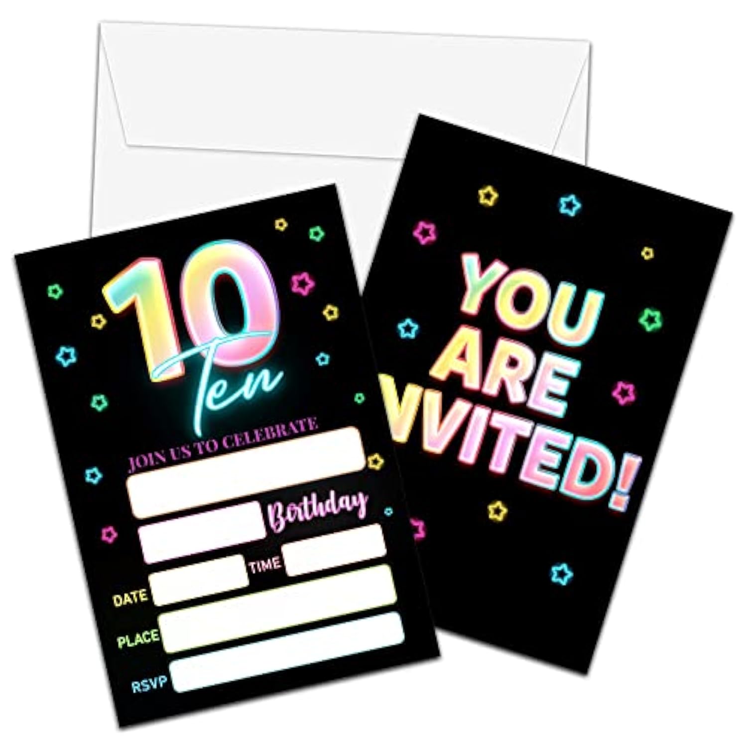 10Th Birthday Invitations With Envelopes - Glow Party Invitation Card For Girls/Boys - 5"X7" Fill-In Invites Cards - Neon Rainbow Party Supplies Decorations (20 Pack)-17