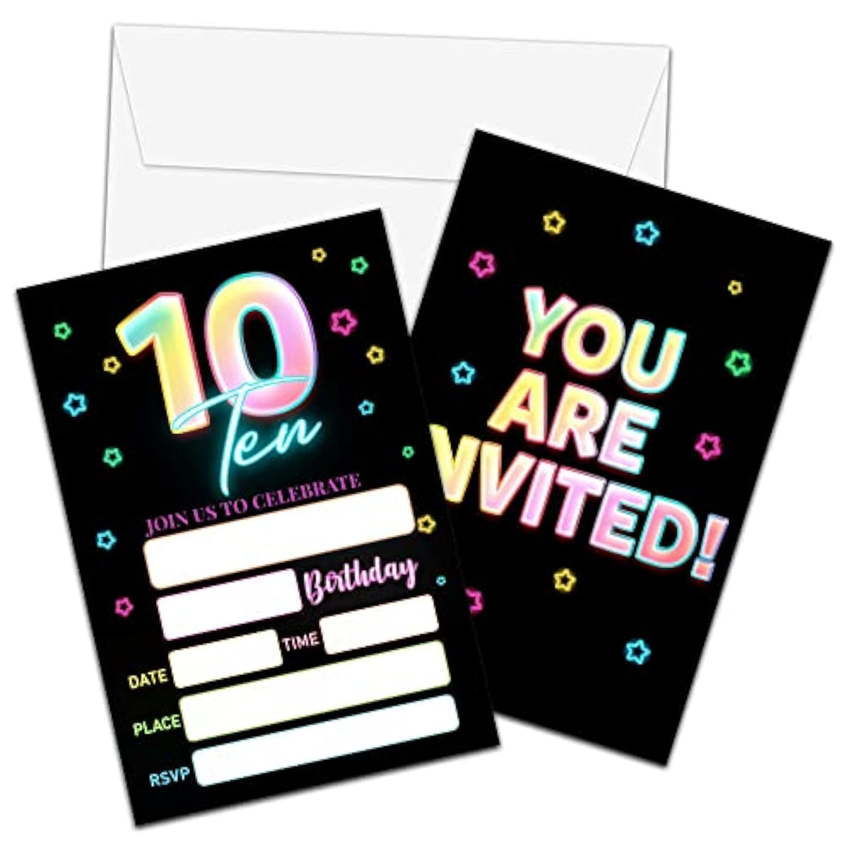 10Th Birthday Invitations With Envelopes - Glow Party Invitation Card For Girls/Boys - 5"X7" Fill-In Invites Cards - Neon Rainbow Party Supplies Decorations (20 Pack)-17