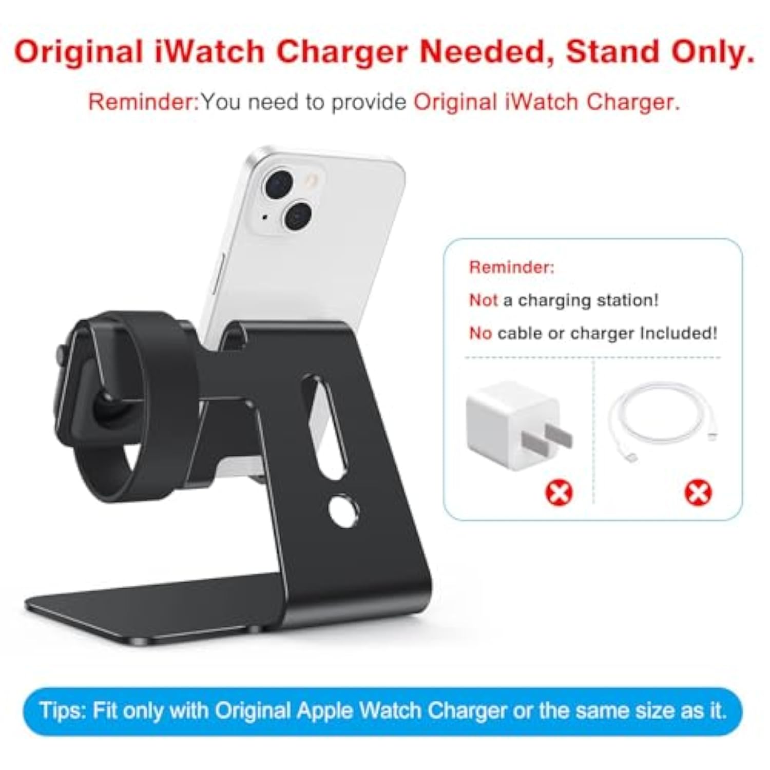 OMOTON Stand for Apple Watch - 2 in 1 Universal Desktop Stand Holder (Not Include Charger) for All iPhone 16 15 14 13 12 and Apple Watch Series 9/8/SE2/7/6/SE/5/4/3/2 (Both 38/40/41/42/44/45mm)-Black