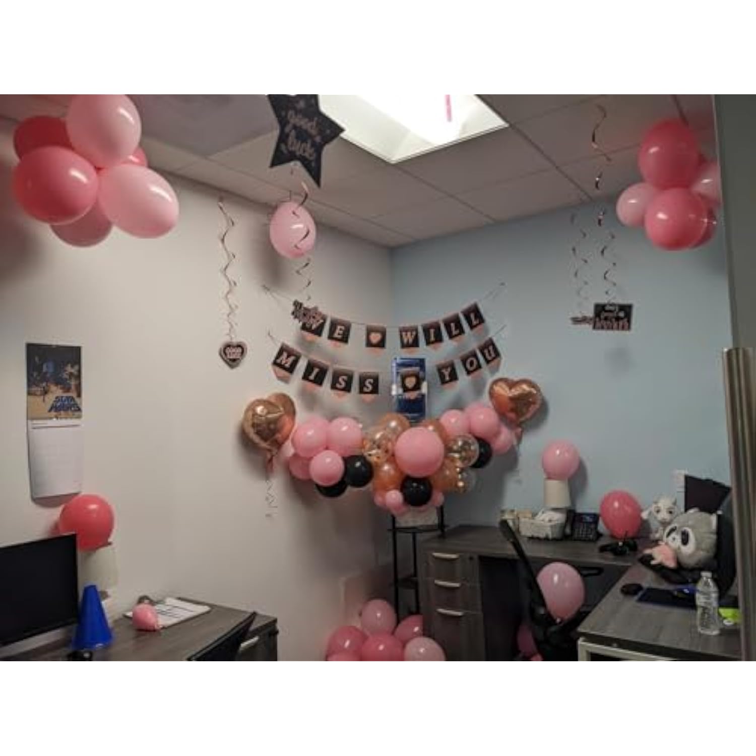 Rose Gold Farewell Party Decor "We Will Miss You" Banner, Swirls, Toppers & Balloons