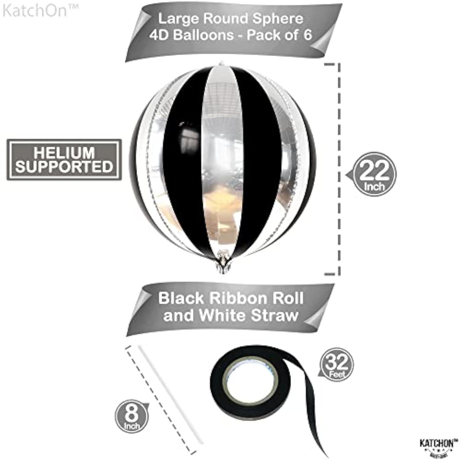 Big, 22 Inch Black And Silver Balloons - Pack Of 6, Black And Silver Party Decorations | 360 Degree 4D Stripe Black Silver Balloons | Silver And Black Balloons For Black And White Party Decorations