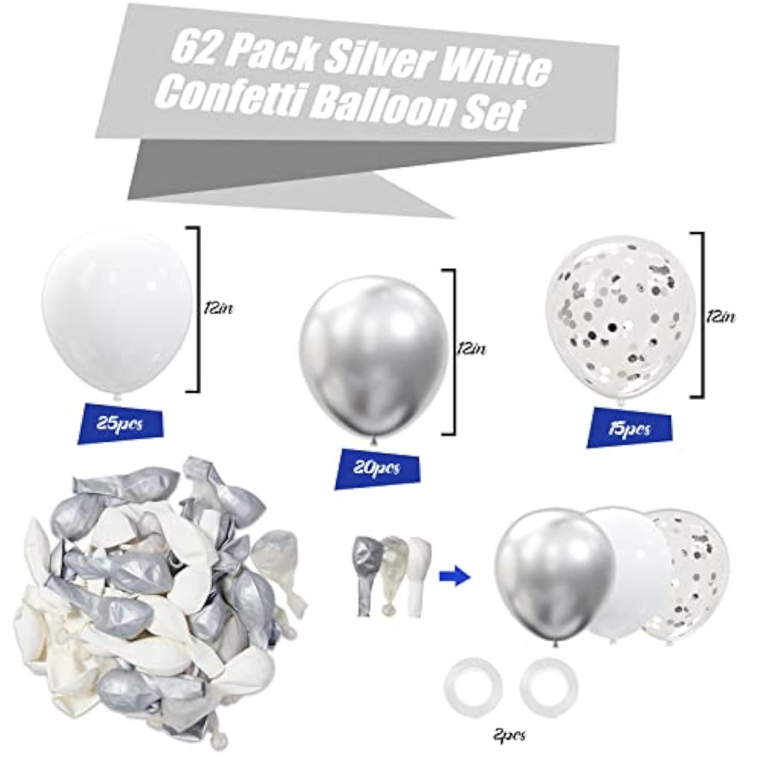 62Pcs Party Decorations Balloons Kit - 12 Inches Silver White Confetti Party Balloons For Graduation Birthday Wedding Party Baby Shower Decoration Supplies