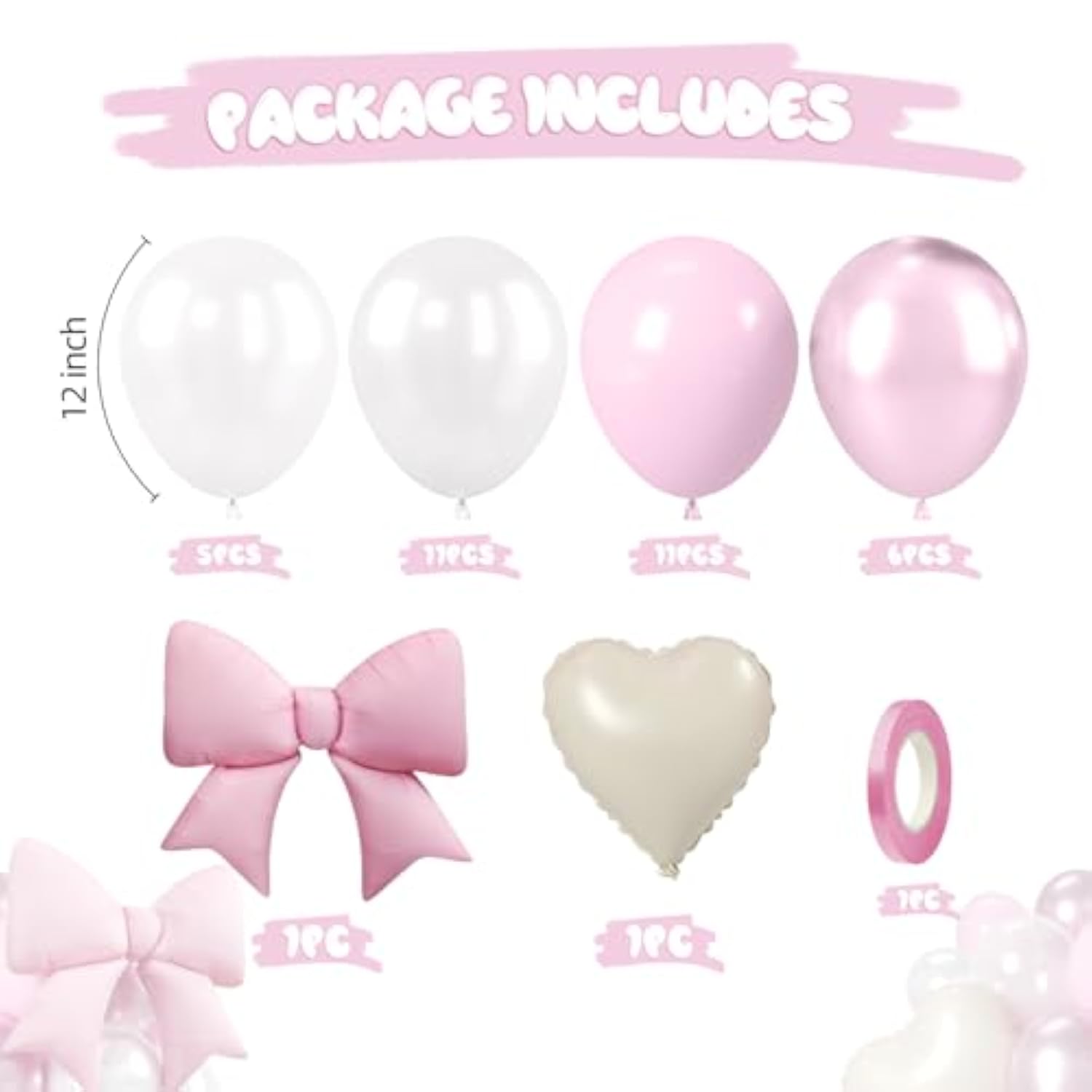 Pink Balloons, Pink Bow White Heart Balloon, Pearl White Double-Stuffed Balloons With Metallic Bow Heart Shaped Foil Balloon For Birthday Baby Shower Wedding Bridal Shower Engagement Decorations