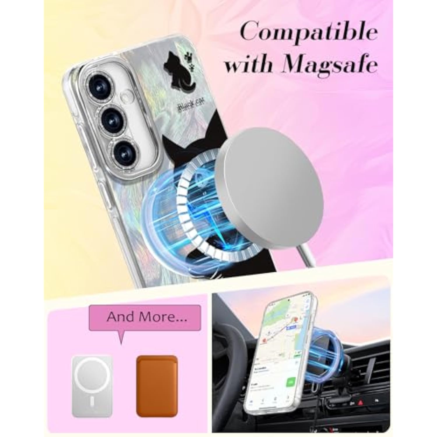For Samsung Galaxy S25/S24 Case - Compatible With Magsafe Aesthetic Cute Holographic Galaxy S25 Case With Diamond Bling Lens Protector For Samsung S24 Cover For Women Girls, Black White Cat