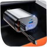 Retractable Car Charger, 4 In 1 Fast Charging 69W, Cigarette Lighter Adapter 2 Retractable Iphone Cables And Usb Car Charger,Compatible With Iphone 15/14/13/12/11,Galaxy,Pixel