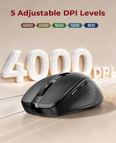 Wireless Mouse Bt5.0/3.0 & 2.4G, 6 Buttons, 5 Level 4000Dpi Bluetooth Mouse, 18 Months Battery, Portable Optical Computer Mice For Laptop, Pc, Chromebook, Windows, Mac-Black