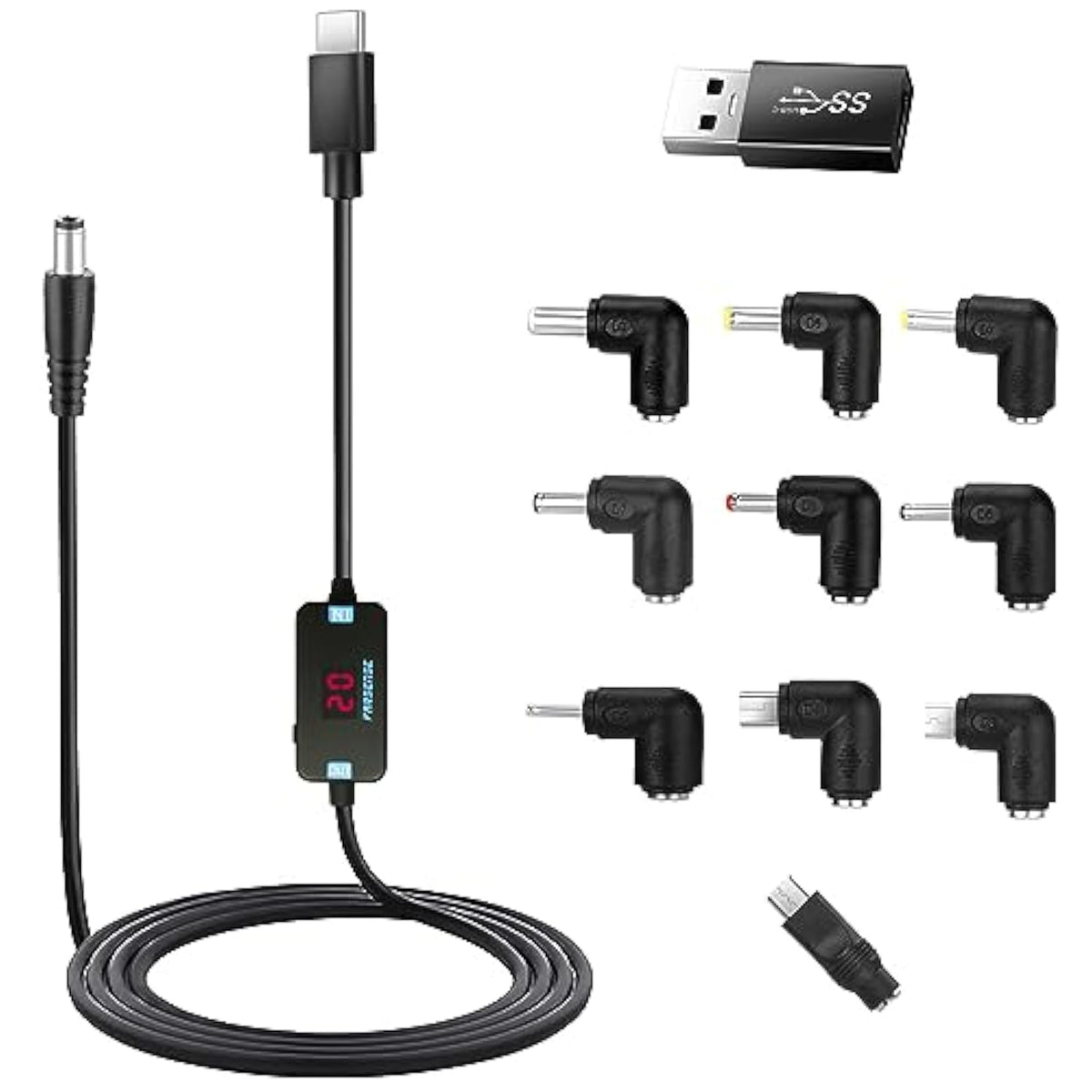 Usb C To Dc Adapter,Barrel Pd Trigger Cable(3.3Ft) With 10 Connector Tips,Usb To Dc Power Cable Can Switch Voltage By Pressing The Key,Support Led Display Voltage