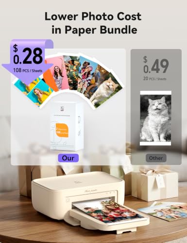4X6 Photo Printer, Cp4100 Instant Photo Printer For Iphone & Android With 108 Sheets & 2 Cartridges, Wireless Portable Picture Printer, 300Dpi Thermal Dye Sublimation, Beige