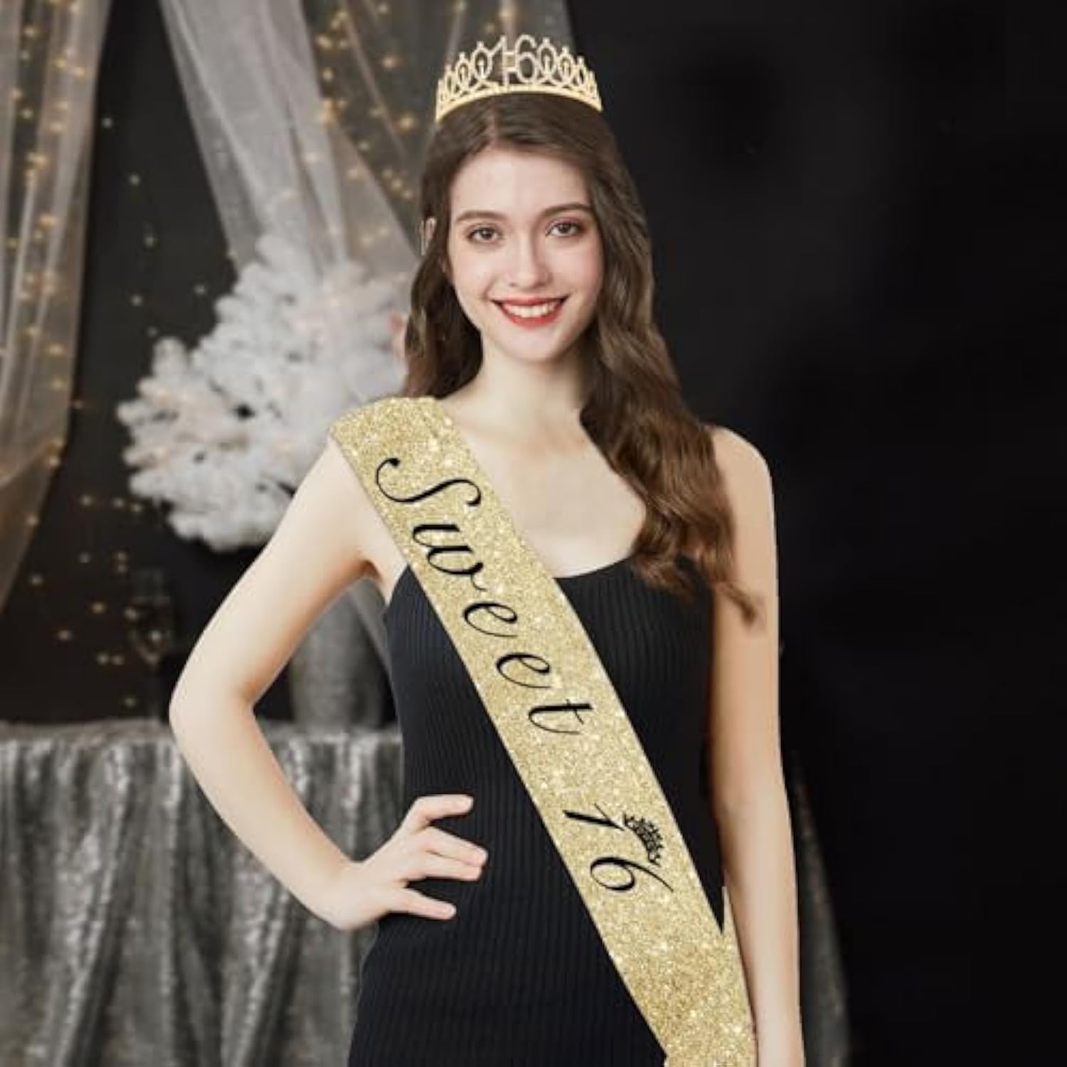 Sweet 16 Party Decorations For Girls With Sweet 16 Sash Gold, Rhinestone 16Th Birthday Tiara, 16 Candles Gold, 16Th Birthday Gifts For Girls