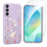 Flower Phone Case For Samsung Galaxy A16 5G 6,7'' With 2X Tempered Glass Screen Protectors, Floral Liquid Silicone Phone Cover Anti-Scratch Soft Protection Funda For Girls Women, Purple 03