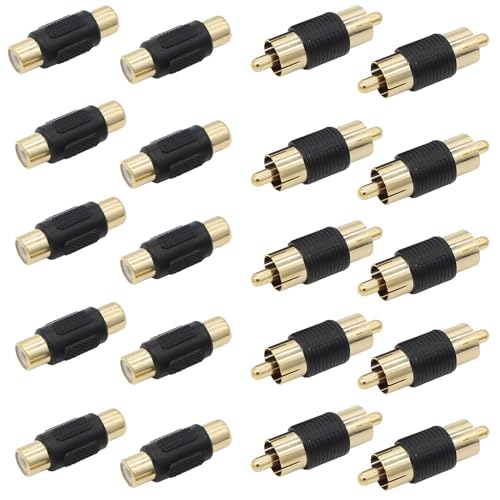 RCA Coupler Adapter Gold Plated 20 Pack, RCA Female to Female Adapter 10pcs, RCA Male to Male Connector 10pcs for Cable Extension, Phono, Speaker,