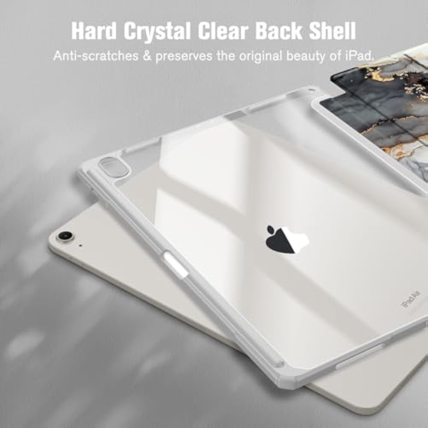 Fintie Hybrid Slim Case For Air 13-Inch (M3) 2025, (M2) 2024 - [Built-In Pencil Holder] Shockproof Cover With Clear Transparent Back Shell, Cloudy Marble
