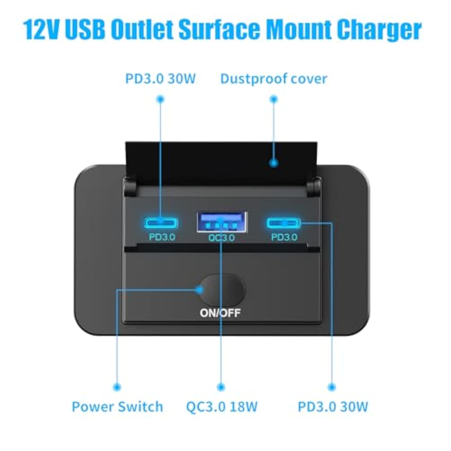 2 Pack 12V Usb Outlet Surface Mount Lightweight, Dual Usb C 30W And Qc 18W Car Usb Port 12 Volt Usb Cigarette Lighter Replacement Charger Socket Panel With Button Switch For Rv Bus Marine Motorcycle