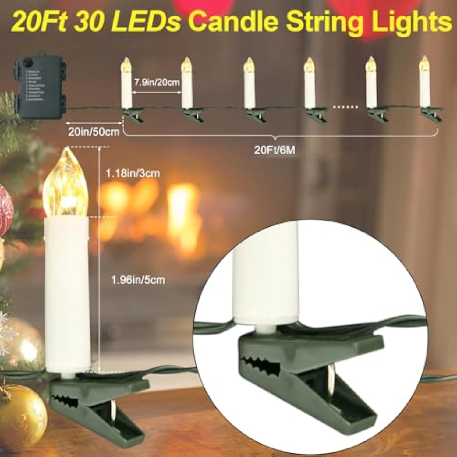 20Ft 30 Led Candle String Lights Battery Operated Clip On Flameless Candle Lights For Christmas Tree Light With Auto Timer 8 Modes For New Year Wedding Garden Decoration (Warm White)