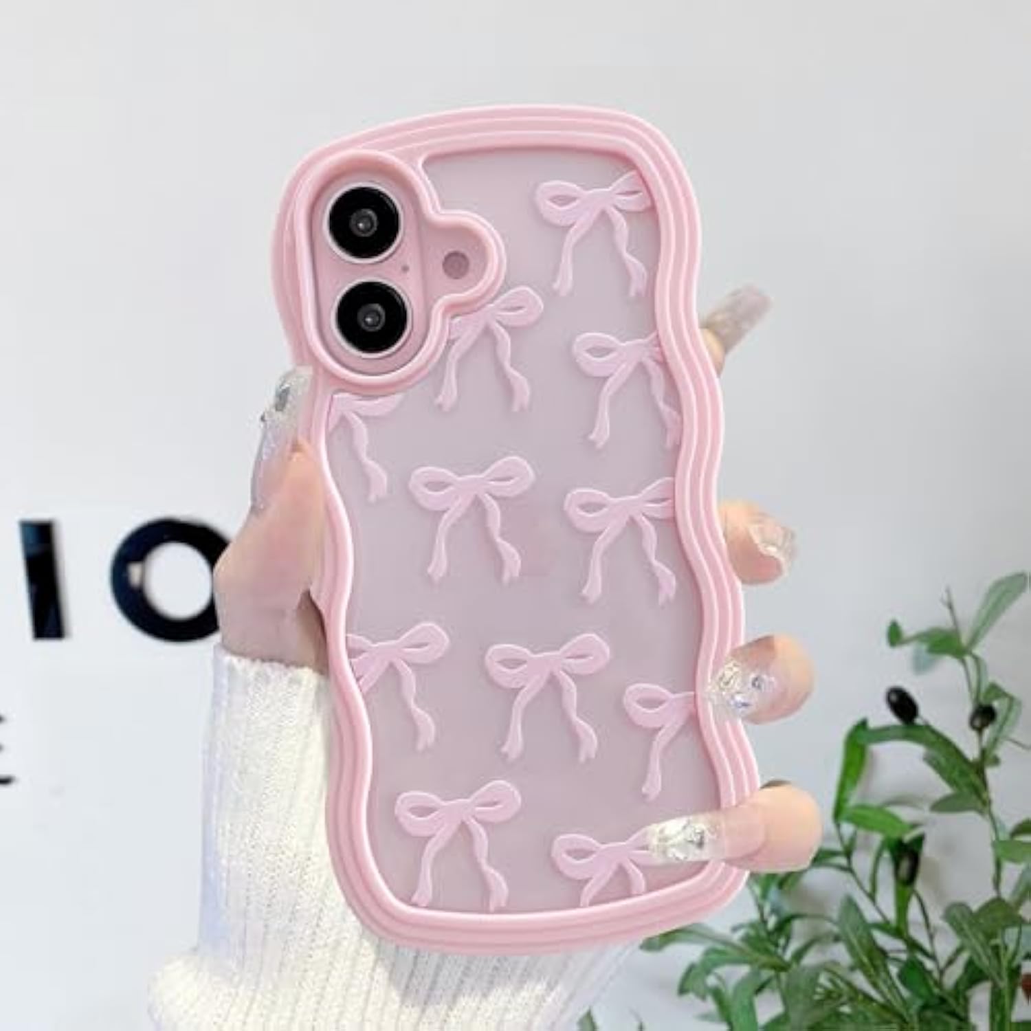 Cute Bow Case For Iphone 16 Plus, Clear Ribbon Bow Pattern Curly Wave Edge Aesthetic Transparent Phone Case, Slim Shockproof Protective Phone Cover For Women Girls - Pink