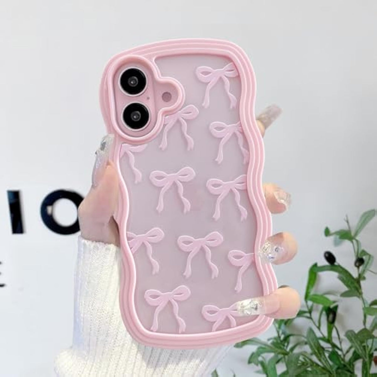 Cute Bow Case For Iphone 16 Plus, Clear Ribbon Bow Pattern Curly Wave Edge Aesthetic Transparent Phone Case, Slim Shockproof Protective Phone Cover For Women Girls - Pink
