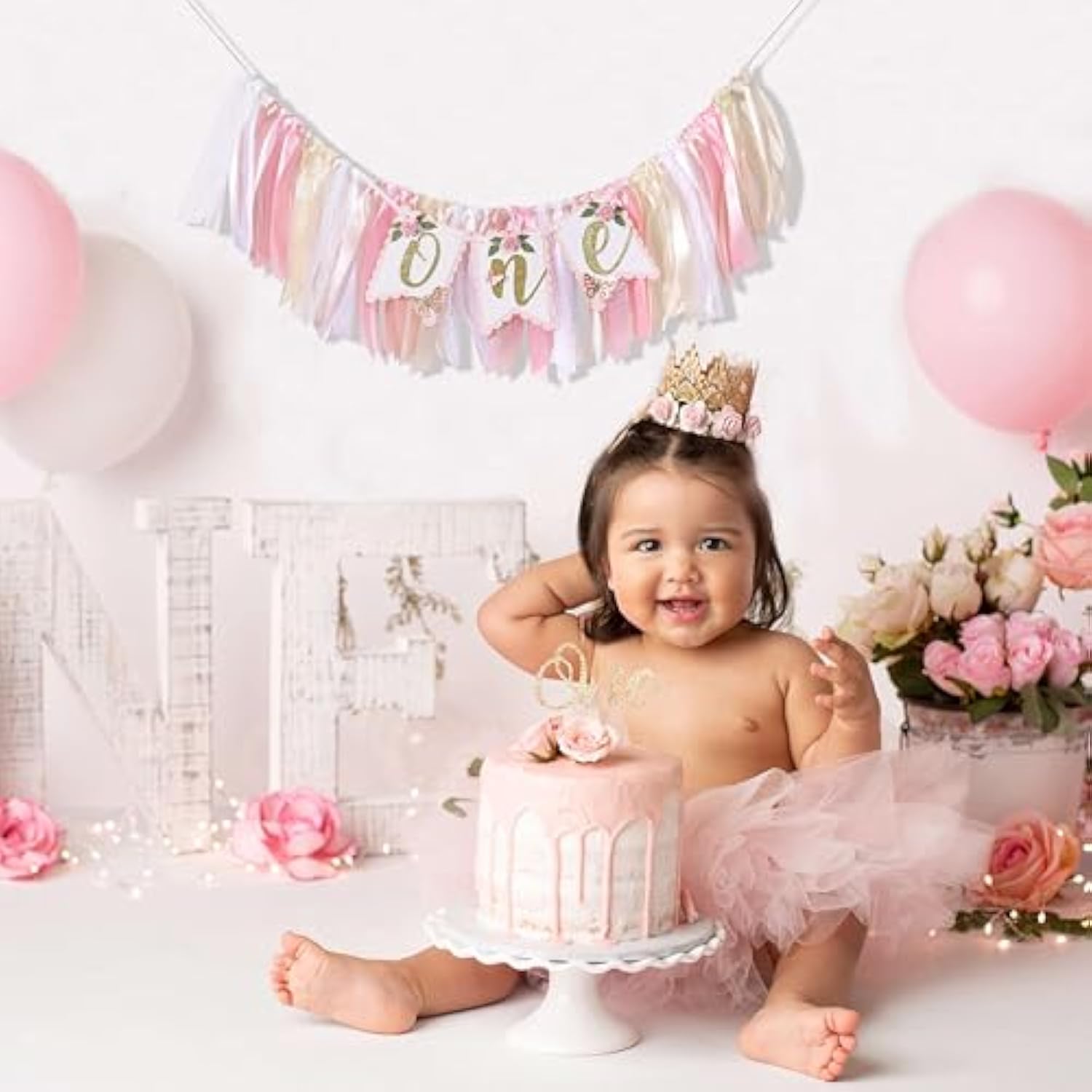 Pink And Gold High Chair Banner- Floral And Butterfly One Highchair Banner, 1St Birthday Party Decoration For Girls, Pink 1St Birthday Decor