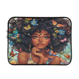 Black Woman Large Afro Colorful Butterflies Flowers Laptop Sleeve Bag Waterproof Protective Notebook Case, 13-13.3, 14 Inch