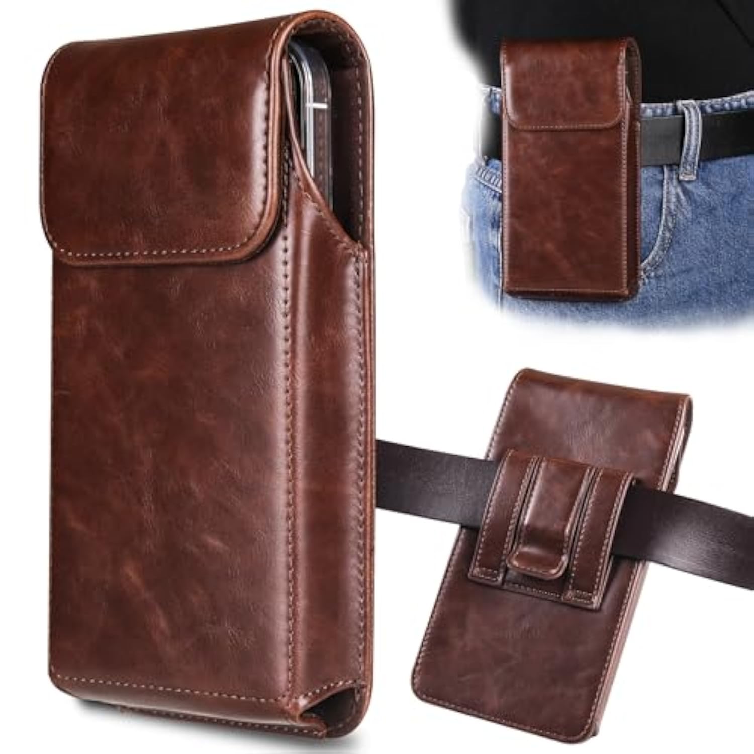 Holster For Iphone 16 Pro Max 15 Pro Max 14 Pro Max 13 Pro Max 12 Pro Max 16 Plus 15 Plus 14 Plus, Premium Leather Pouch With Belt Clip Phone Holster Belt Case, Coffee -L