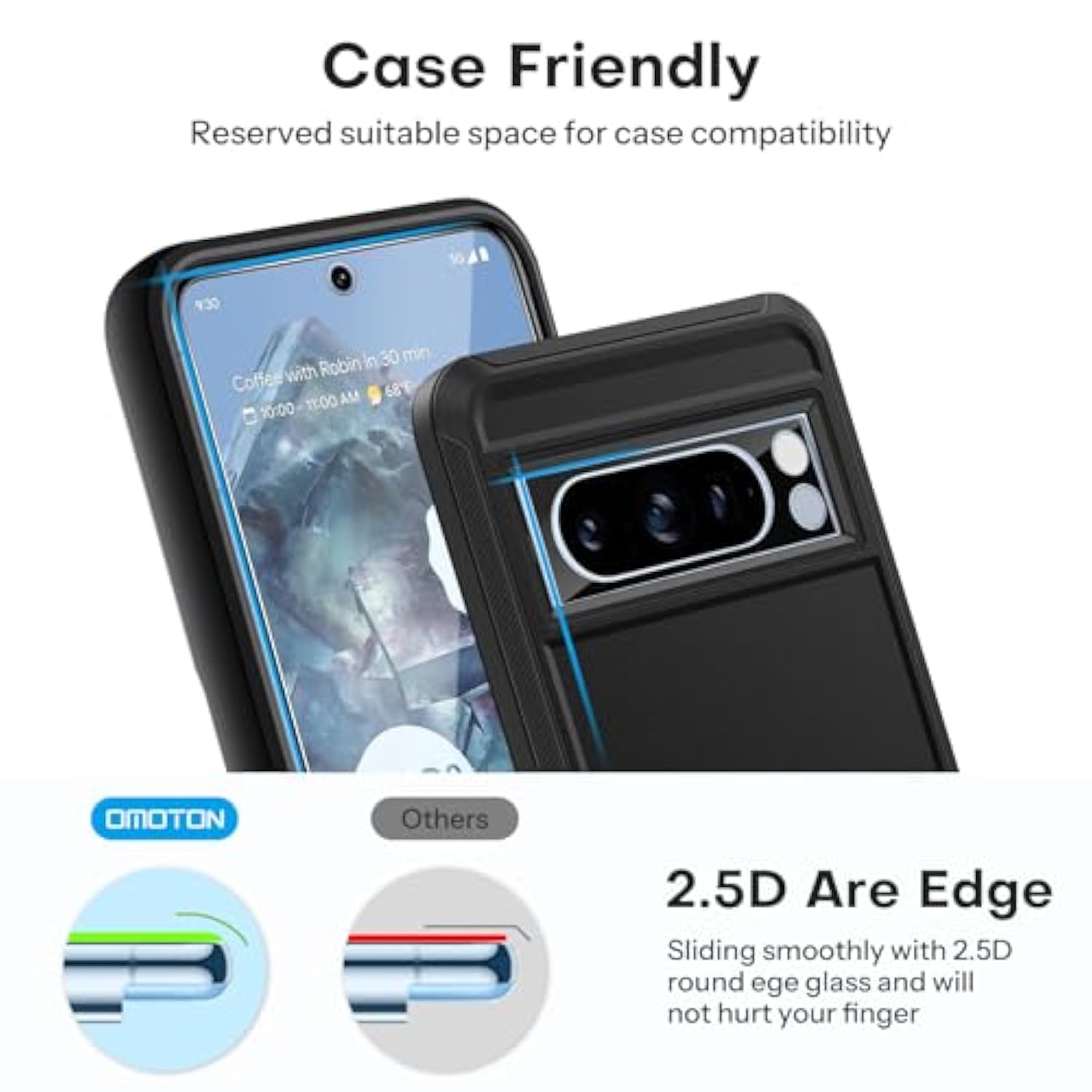 OMOTON for Pixel 8 Pro Screen Protector, 3 Pack for Pixel 8 Pro Tempered Glass, 3 Camera Lens Protector, Fingerprint Sensitivity (6.7 Inch, 2023 Released)