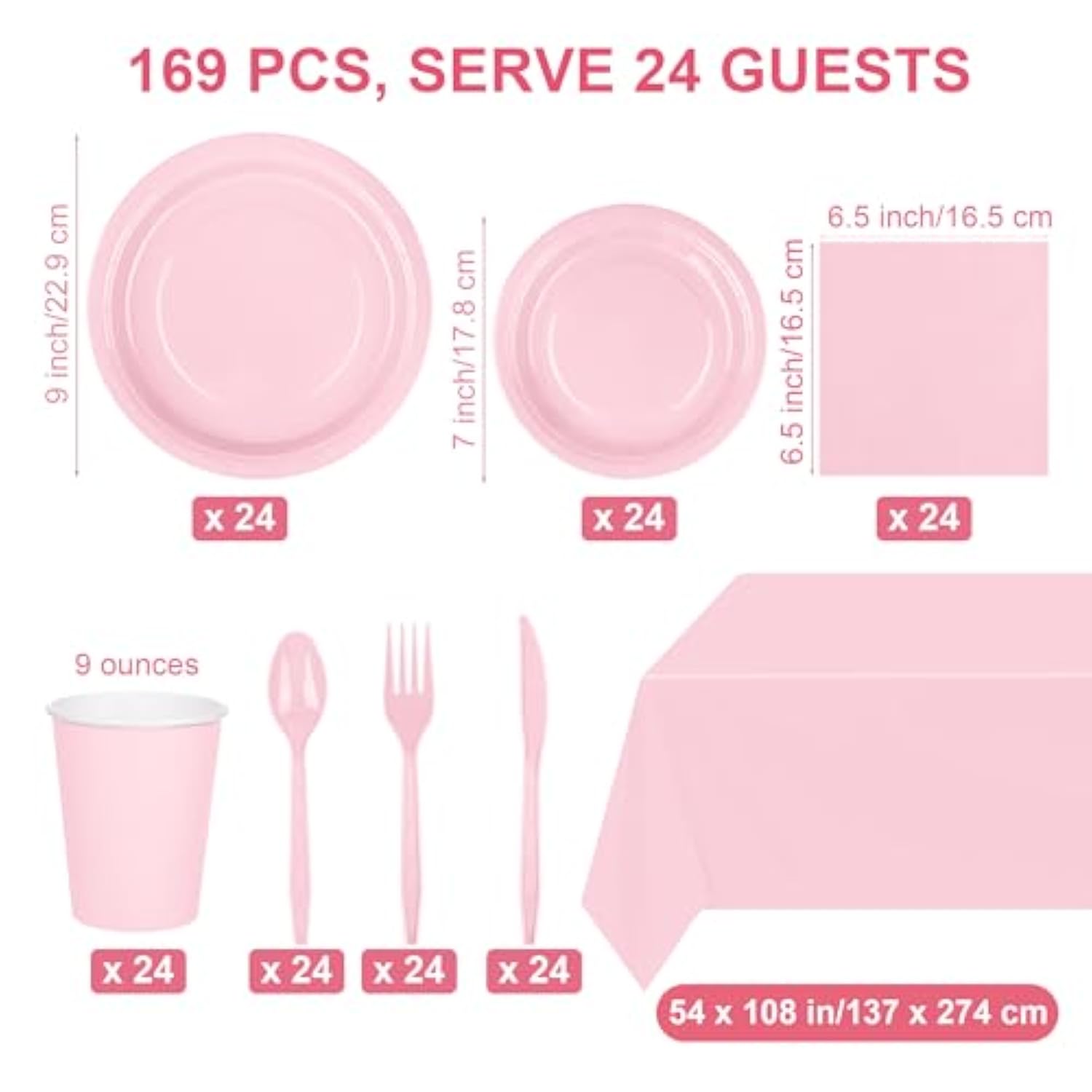 169 Pieces Light Pink Party Supplies Disposable Dinnerware Set Include Plates And Cups Napkins Plastic Forks Knives Spoons Tablecloth For Wedding Birthday Party Decorations, Serve 24 Guests