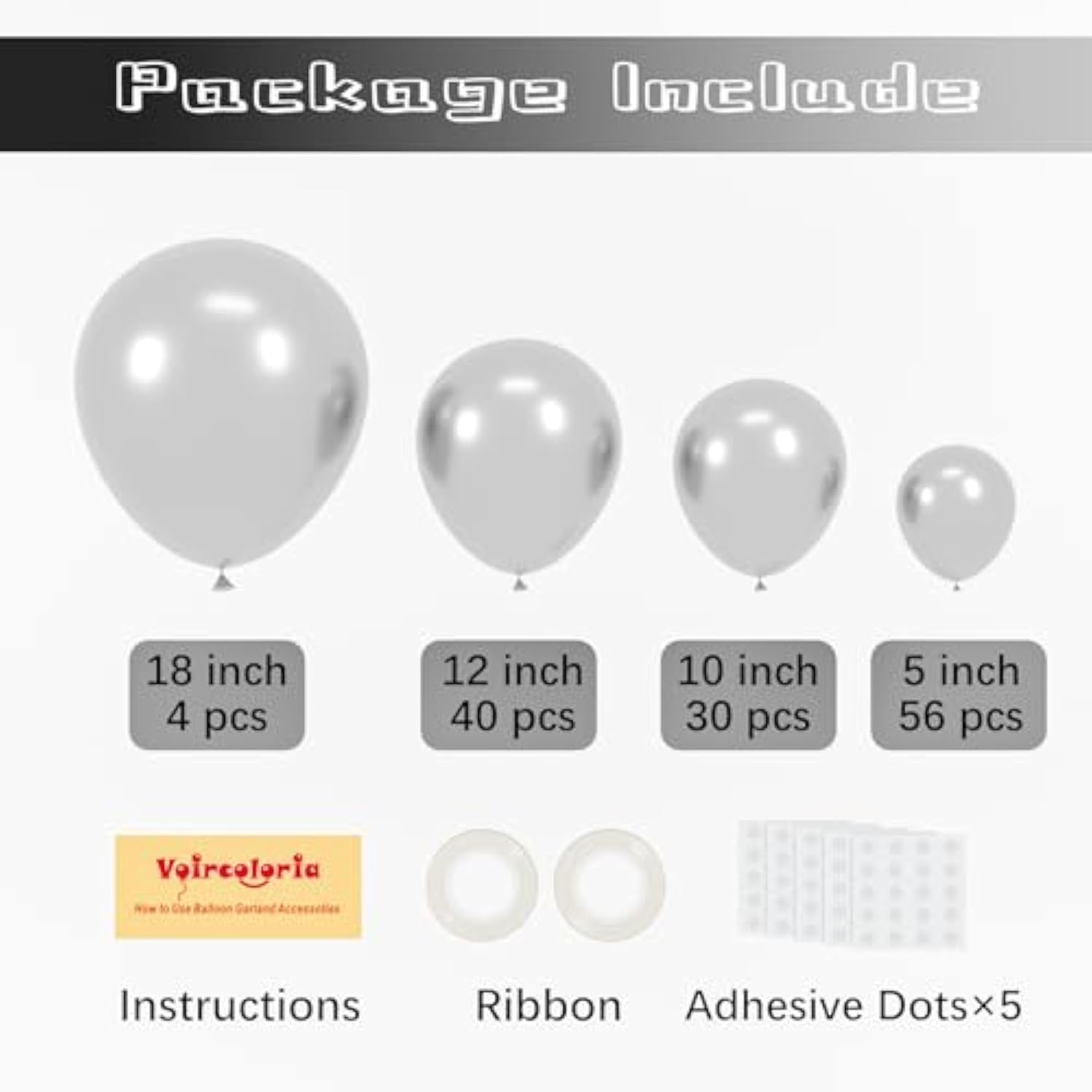 130Pcs Metallic Silver Balloons Different Sizes 18" 12" 10" 5" Chrome Silver Balloon Garland Arch Kit For Graduation Birthday Baby Shower Wedding Anniversary New Year Party Decorations