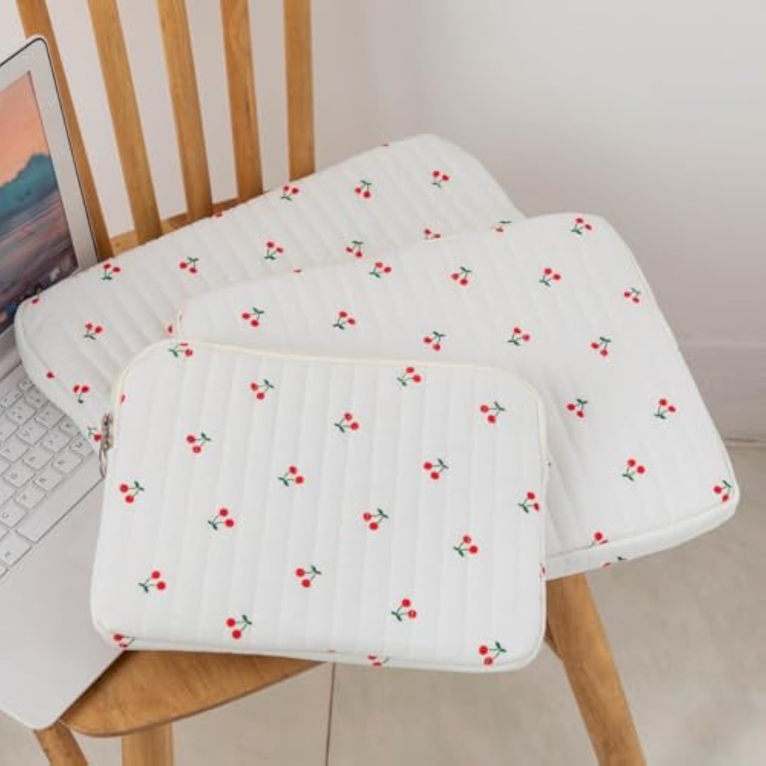 Cute Cherry Floral Laptop Sleeve Y2K Preppy Carrying Laptop Bag Cover Girly Coquette Puffy Quilted Tablet Liner Pouch (Cherry,11 Inch)