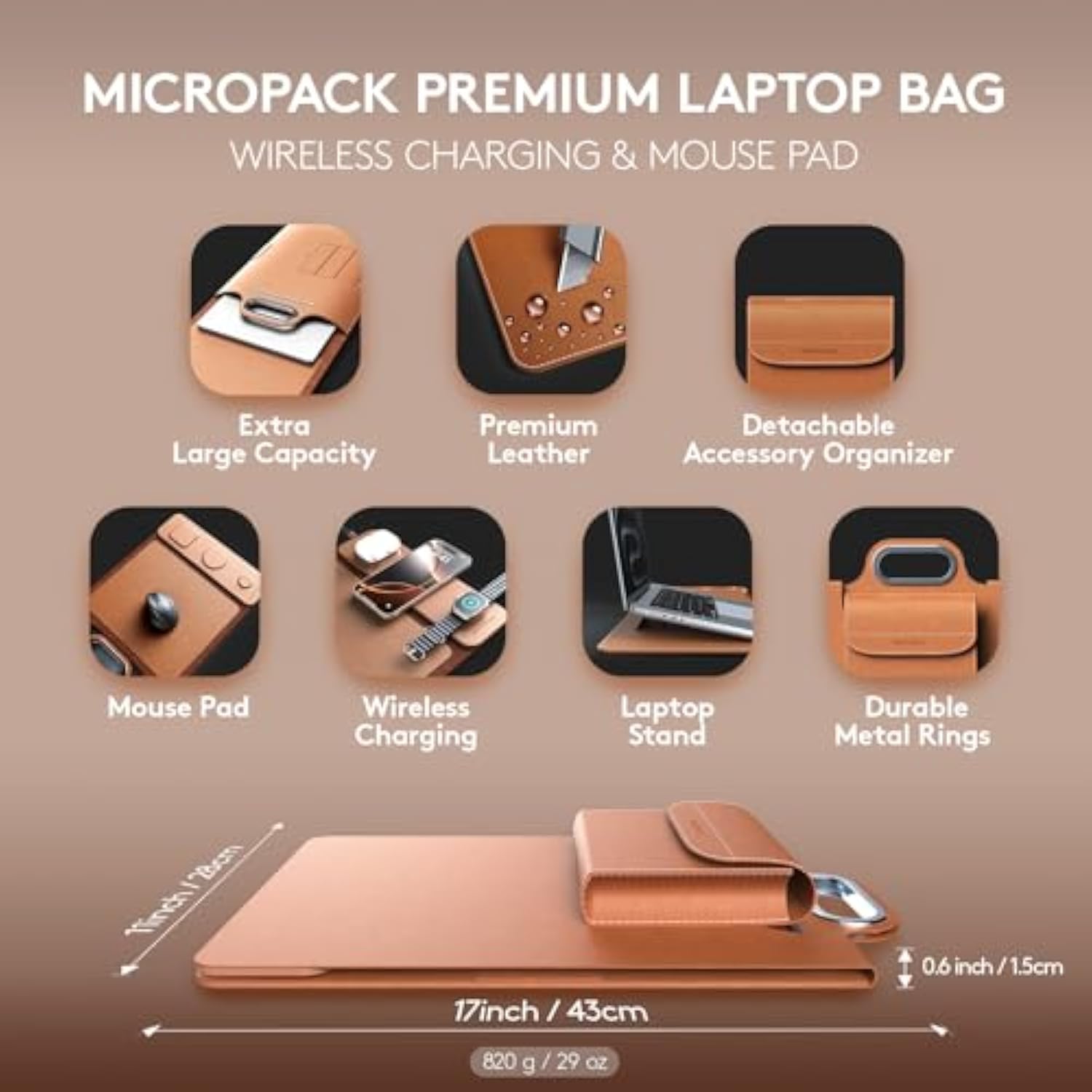 Micropack Laptop Sleeve With Wireless Charging, Built-In Detachable Accessory Organizer And Metal Handle, Mouse Pad And Stand, Leather Laptop Bag For 15 Inch Macbook/Hp/Dell, Watch, Headphones - Brown
