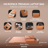 Micropack Laptop Sleeve With Wireless Charging, Built-In Detachable Accessory Organizer And Metal Handle, Mouse Pad And Stand, Leather Laptop Bag For 15 Inch Macbook/Hp/Dell, Watch, Headphones - Brown