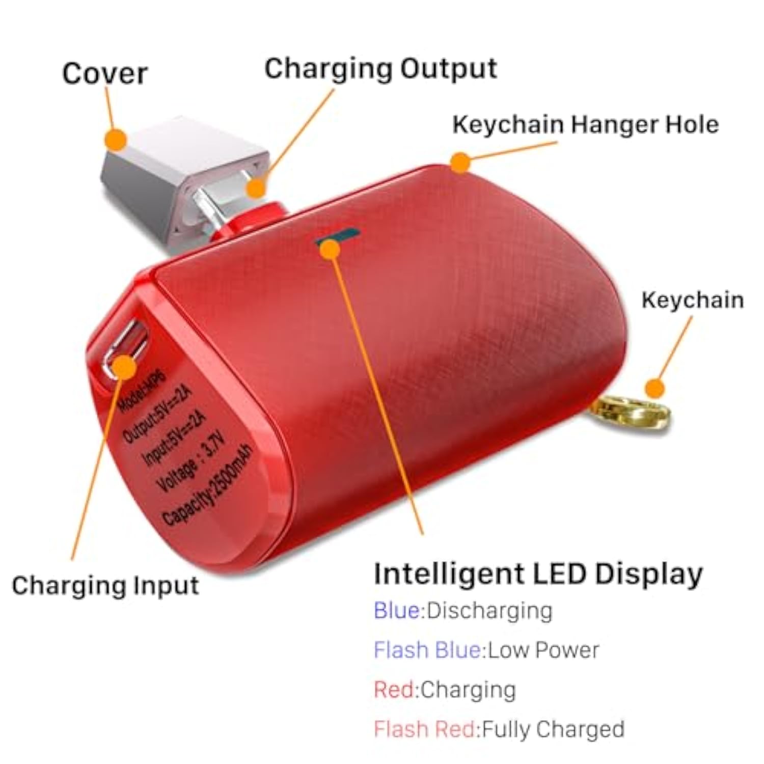 Keychain Portable Charger For Iphone, 2500Mah Mini Power Emergency Pod Ultra-Compact External Power Bank Battery Pack Keyring Charger For Iphone 14/13/12/11/X/8/7/6S/Se (Red)