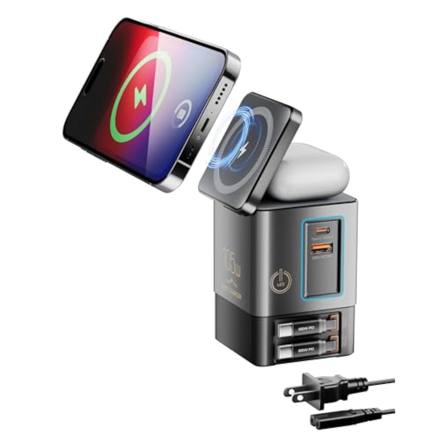 6-In-1 Charging Station For Apple 105W, Magnetic Wireless Charger With 65W Retractable Cable, Wireless Charger Stand, Fast Charging Stand Dock For Magsafe, Iphone16-13 Series, Airpods, Laptops