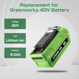40 Volt 6.0Ahlithium Ion 29462 29472 Replacement Battery And 29482 Charger Compatible With Greenworks 40V Battery 29462 29472 G-Max Power Tools 29252 20202 22262 25312 25322 20642 22272 27062 (Green)