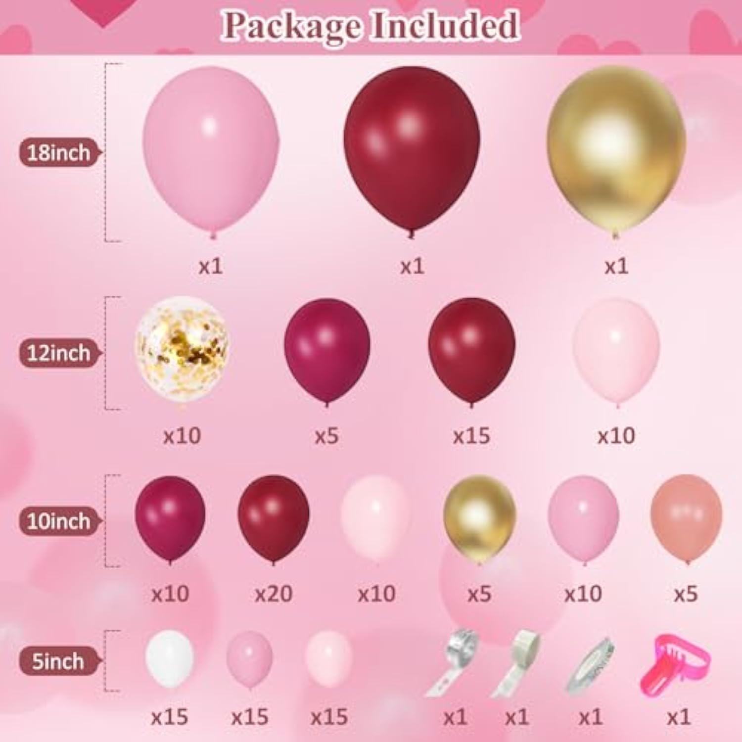 129Pcs Burgundy Pink Balloons Garland Arch Kit, Light Pink Gold White