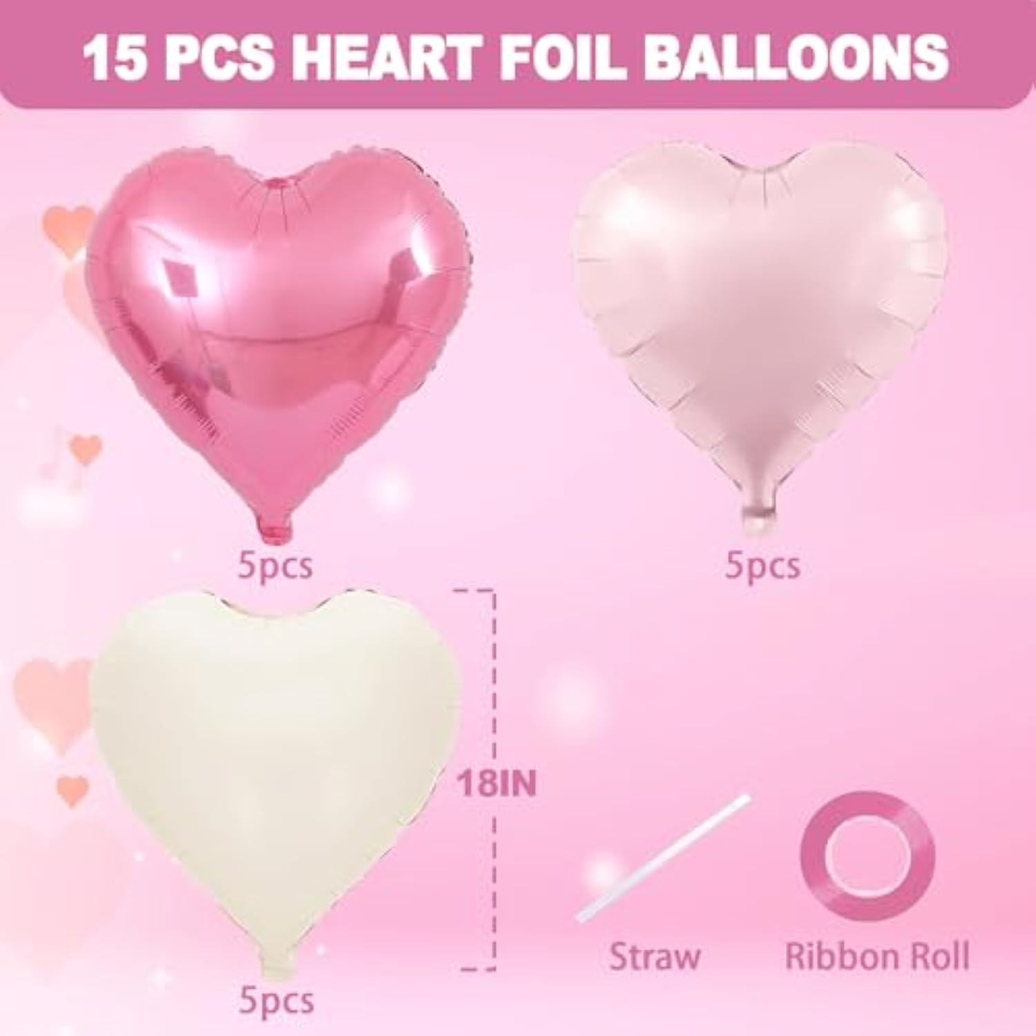Pink and white heart foil balloons, 15-pack for Valentine’s, weddings & showers