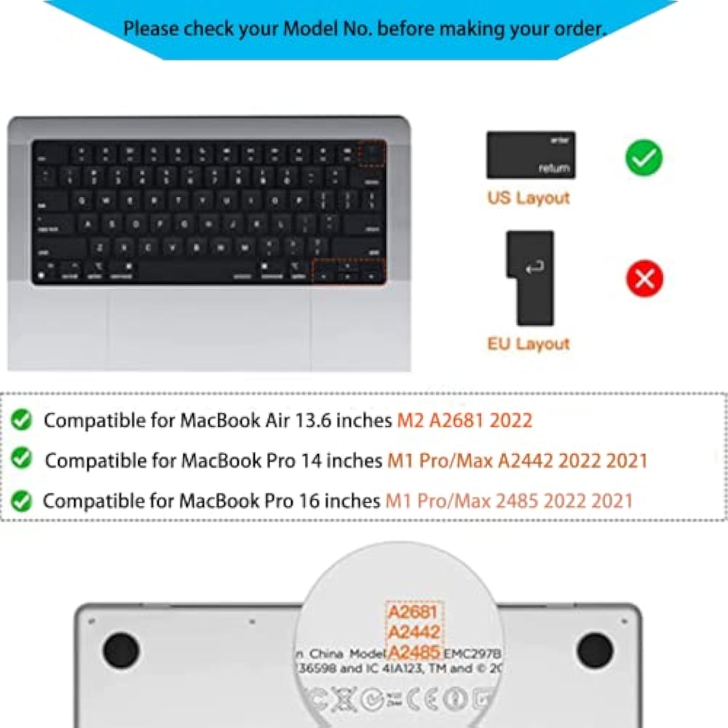 Keyboard Cover Ultra Thin For Macbook Air 13.6 Inch M2 A2681 2022 & Macbook Pr