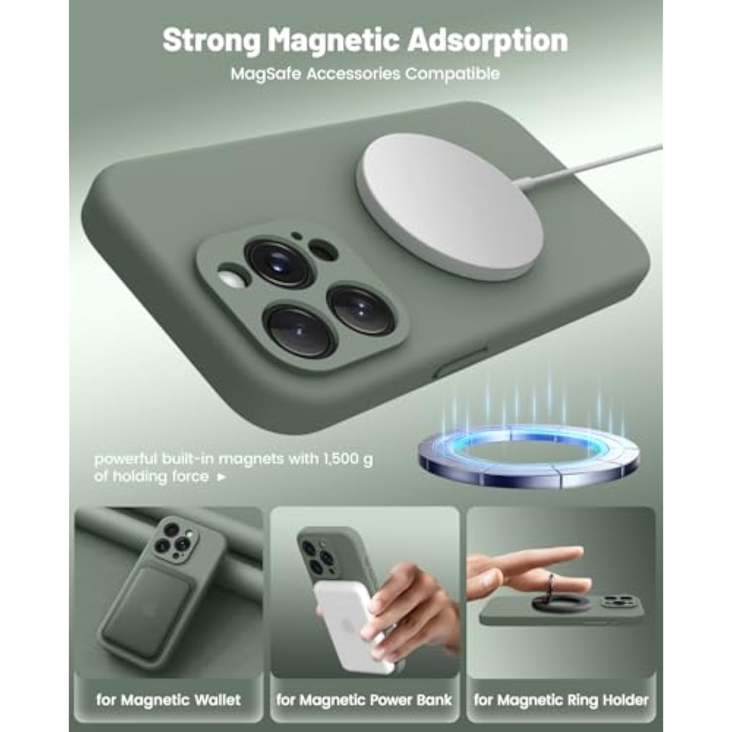 Magnetic For Iphone 15 Pro Case Compatible With Magsafe, [Full Camera Protection][Screen Protector] Full-Body Silicone Shockproof Phone Case For Iphone 15 Pro 6.1" (Calke Green)