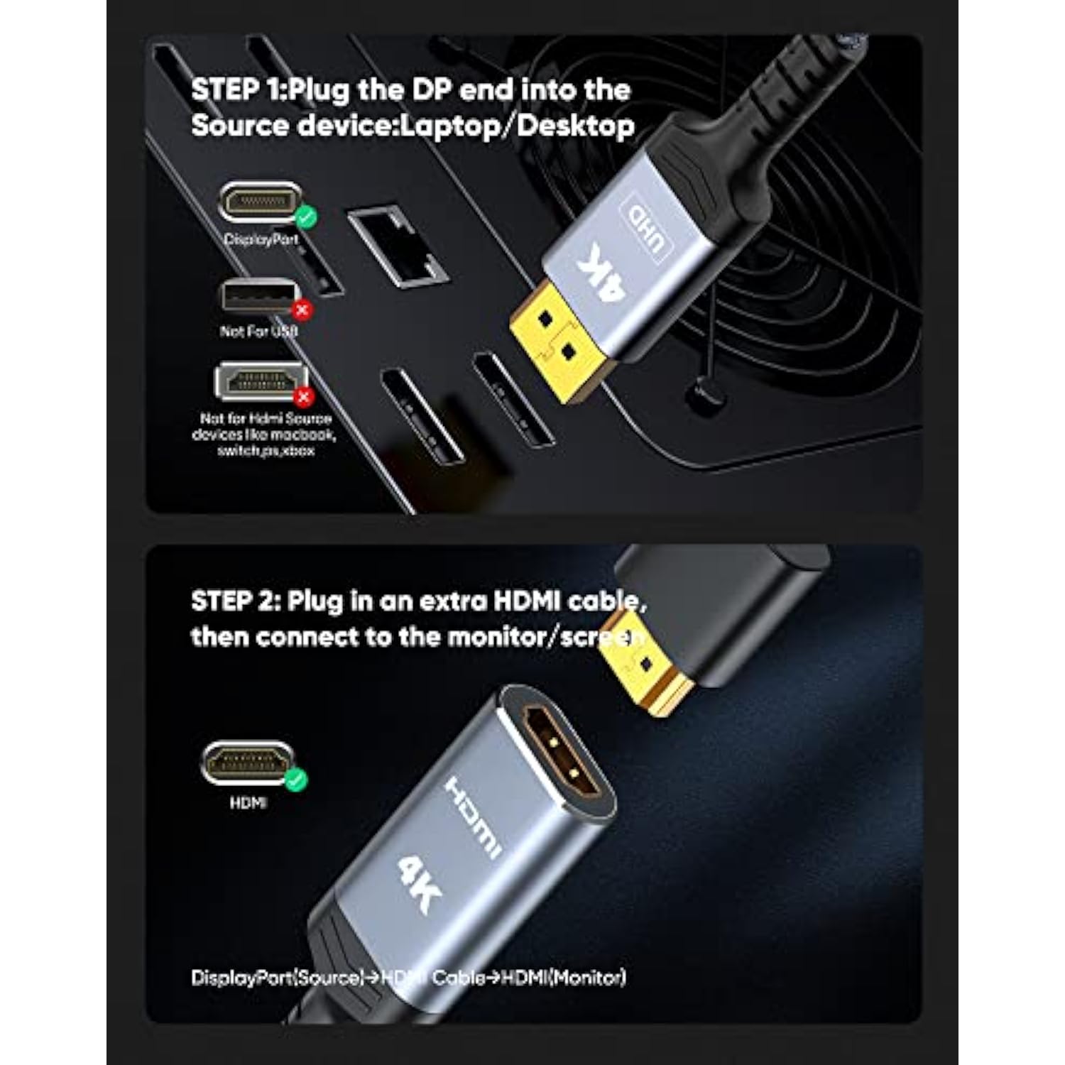 4K Displayport To Hdmi Adapter, Uni-Directional Dp 1.2 To Hdmi 2.0 Nylon Braid