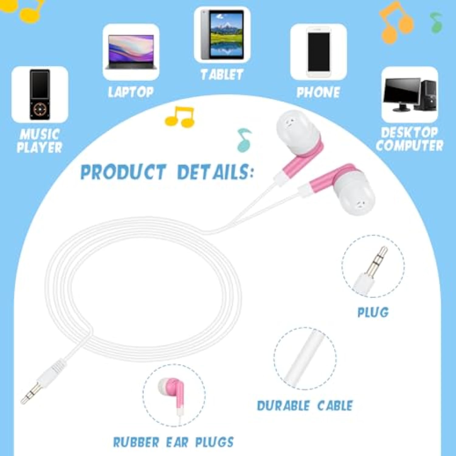 100 Packs Bulk Earbuds Headphones Earphones Kids Colorful In Ear Earbuds Class