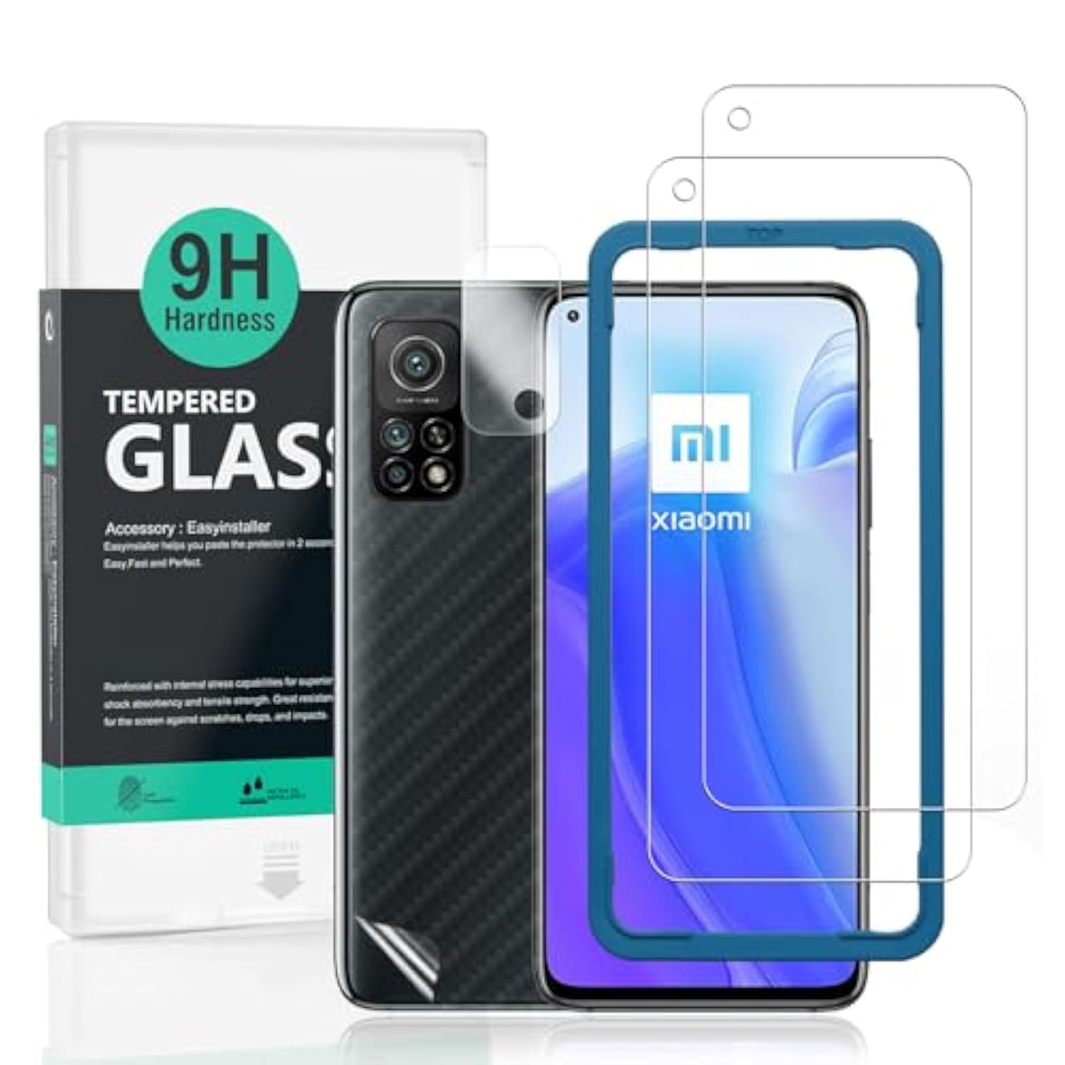 Screen Protector For Xiaomi 10T/10T Pro,With 2Pcs Tempered Glass,1Pc Camera Lens Protector,1Pc Backing Carbon Fiber Film [Fingerprint Reader,Easy To Install]