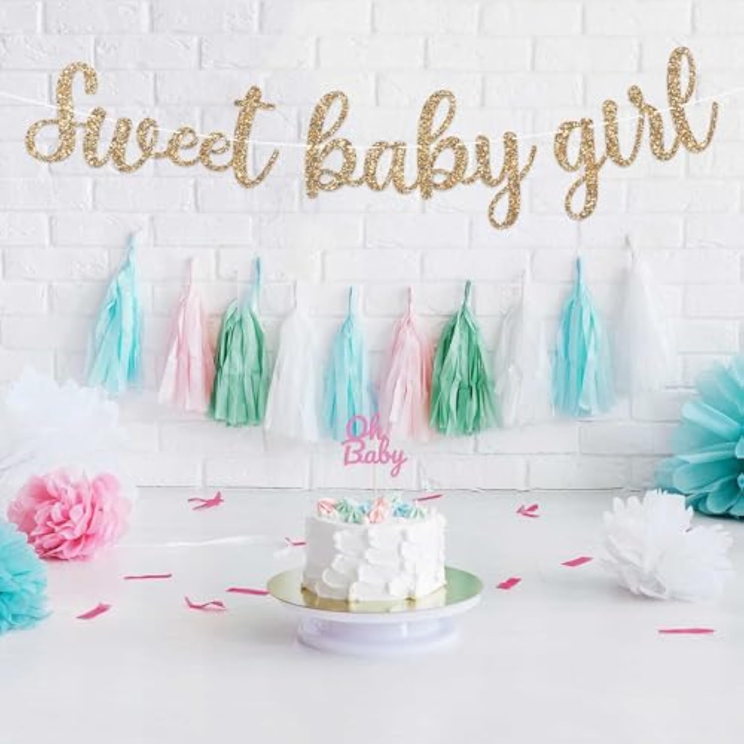 Pre-Strung Sweet Baby Girl Banner - No Diy - Gold Glitter Gender Reveal Party Banner For Girl - Pre-Strung Garland On 8 Ft Strand - Baby Shower Party Decorations. Did We Mention No Diy