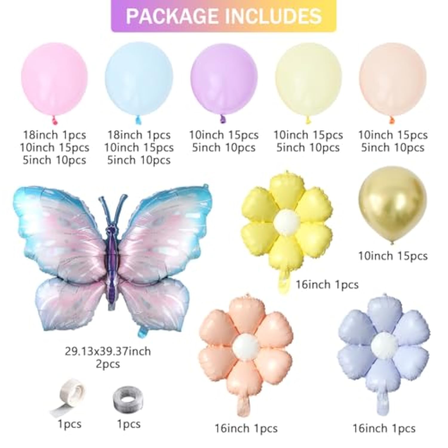 147pcs Daisy Butterfly Balloon Garland Kit in Pastel Pink Blue Yellow Purple Gold