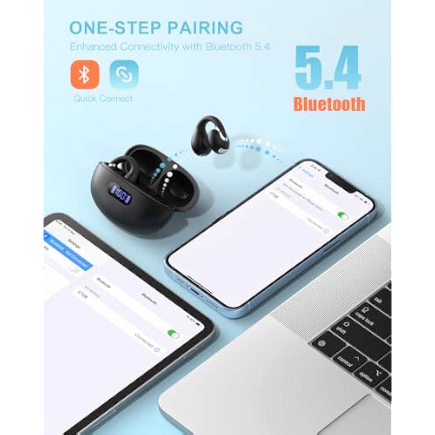 Open Ear Clip Wireless Earbuds Bluetooth 5.4, Lightweight Comfort Sports Bone Conduction Headphones Built-In Mic For Clear Audio, Stable Fit Earphones 24H Play-Black