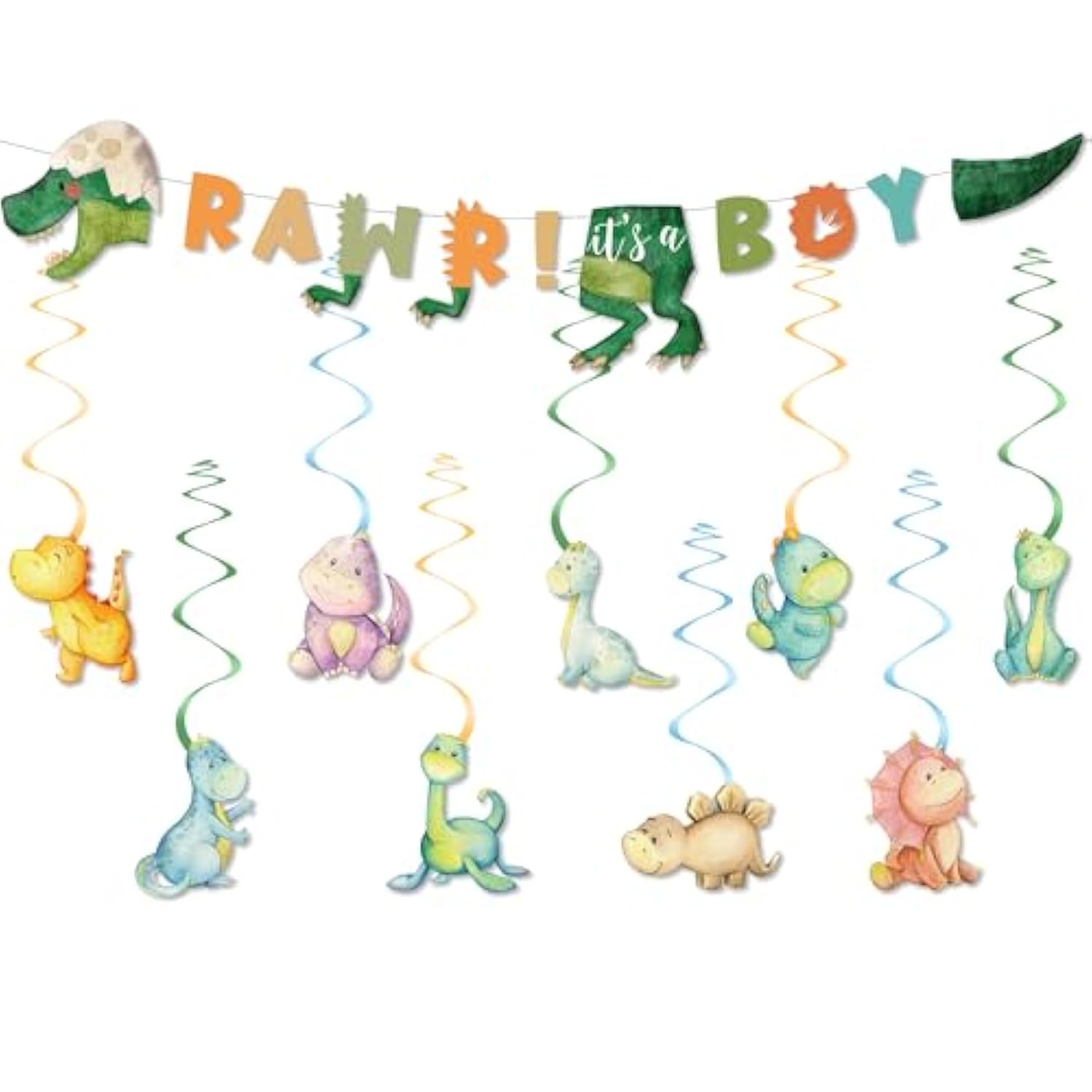 Boy Dinosaur Baby Shower Decorations Banner And Party Swirls Set, Jungle Animal Dino Theme Rawr It'S A Boy Party Banner And Hanging Set Supplies Decorations